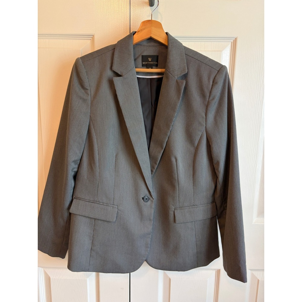 Worthington Grey Micro Pattern Single Button Blazer Jacket Womens Size 16